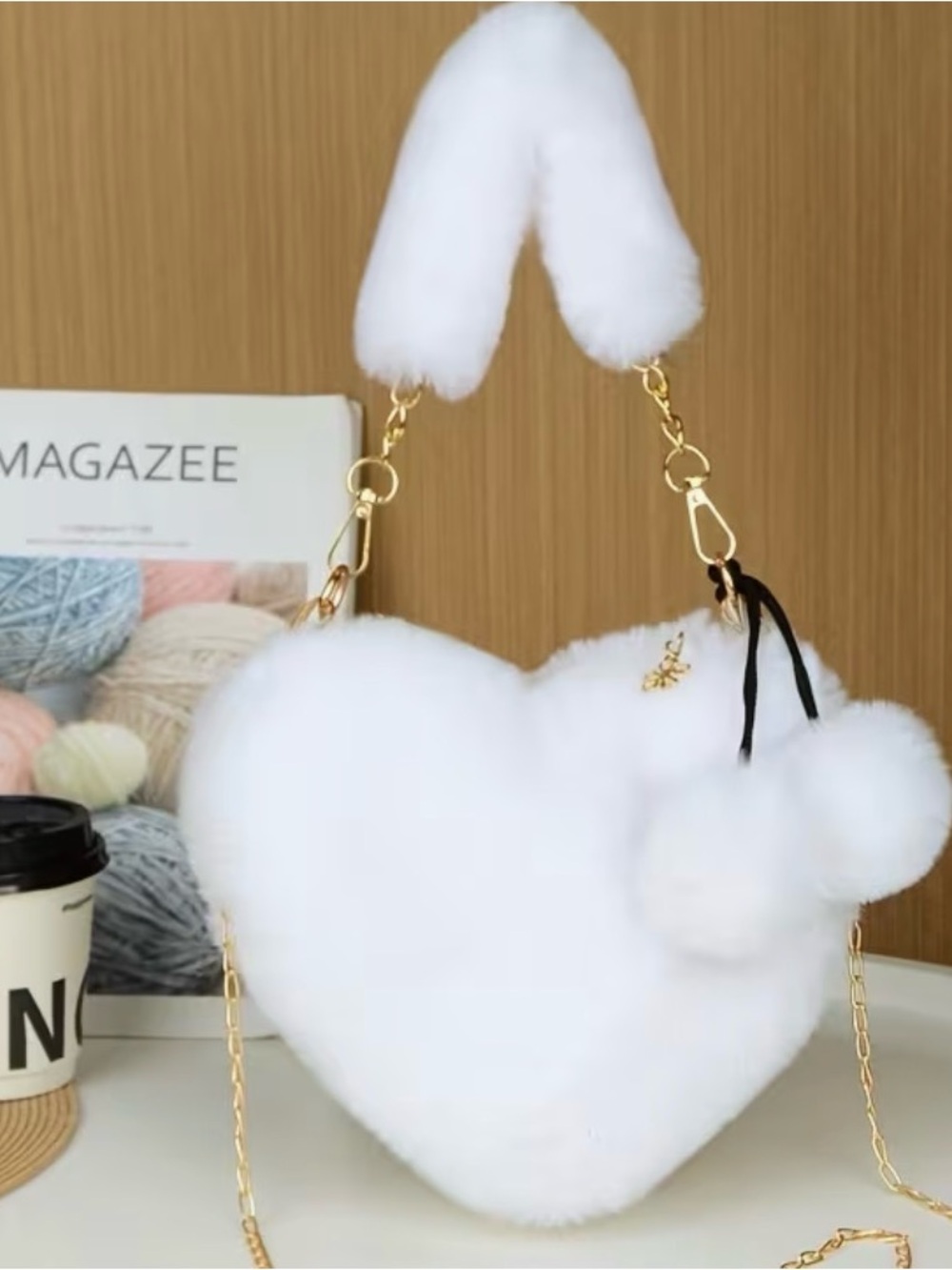 White Heart Faux Fur Crossbody Bag with Gold Chain